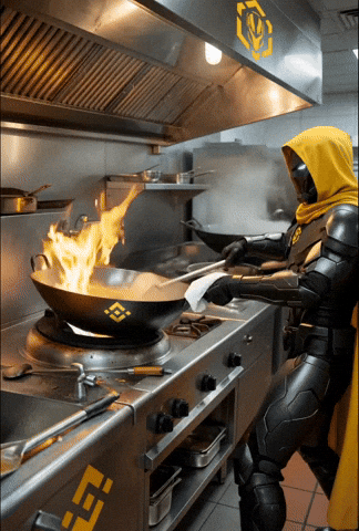An armored chef in a yellow hood tosses a flaming wok at a restaurant range.